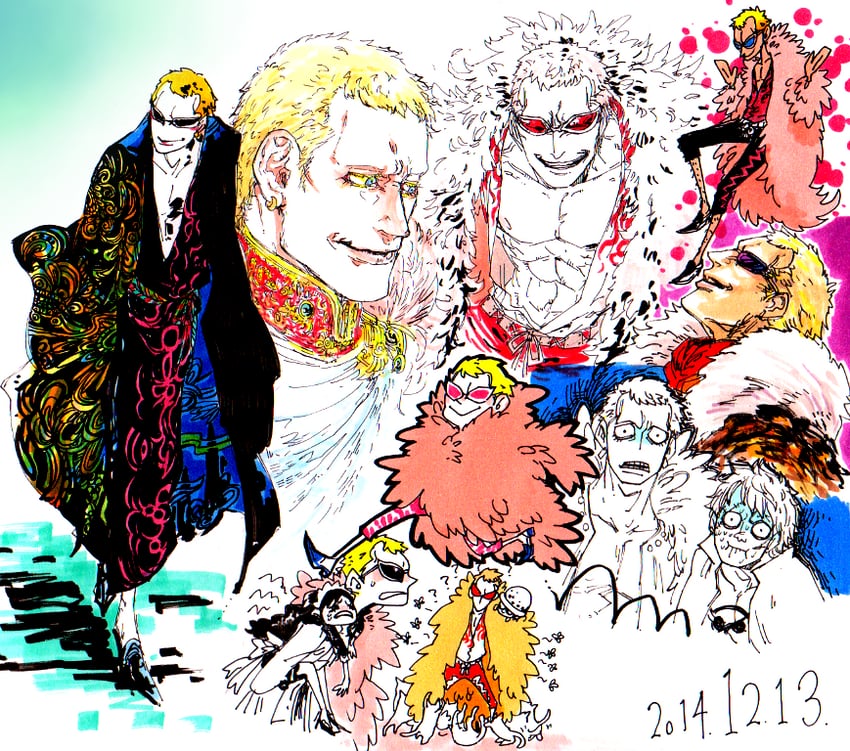 trafalgar law, donquixote doflamingo, baby 5, and bellamy (one piece) drawn by mawari28