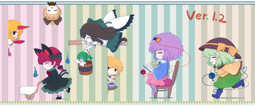 komeiji koishi, komeiji satori, kaenbyou rin, reiuji utsuho, mizuhashi parsee, and 3 more (touhou and 1 more) drawn by azuma_meri