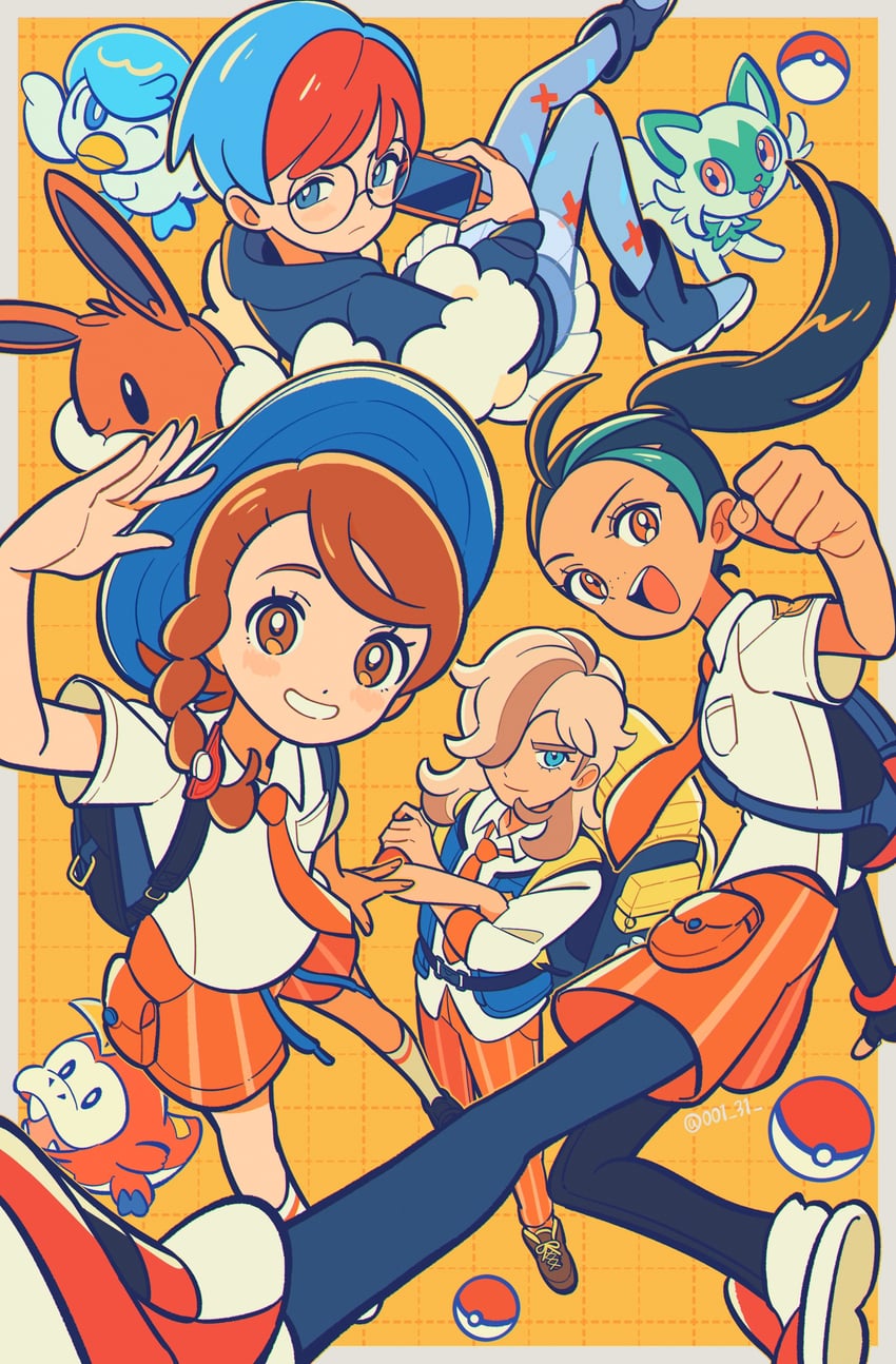 eevee, juliana, sprigatito, nemona, arven, and 3 more (pokemon and 1 more) drawn by chueog