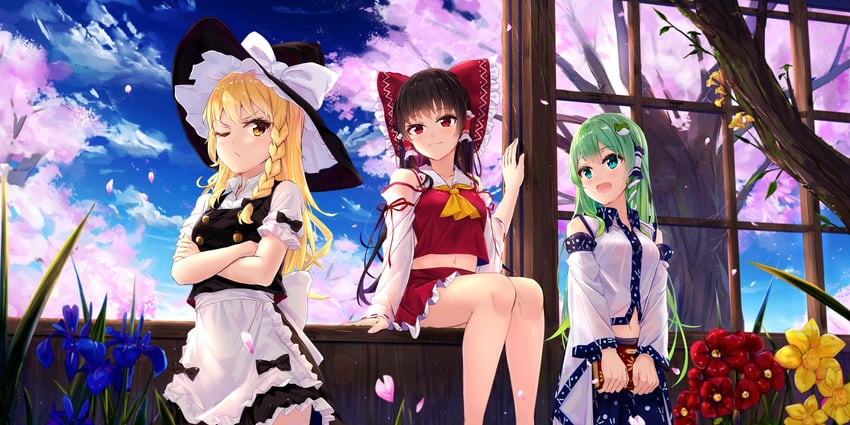 hakurei reimu, kirisame marisa, and kochiya sanae (touhou and 1 more) drawn by na_kyo