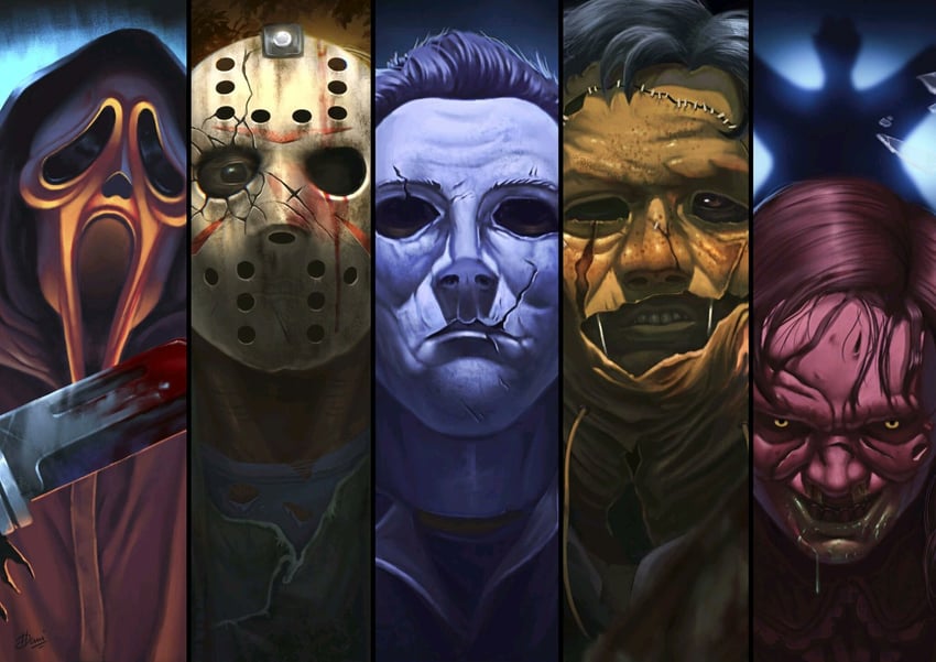 jason voorhees, ghostface, michael myers, leatherface, regan macneil, and 1 more (friday the 13th and 4 more) drawn by xexumedina