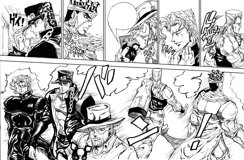 joseph joestar, kujo jotaro, kakyoin noriaki, jean pierre polnareff, mohammed avdol, and 1 more (jojo no kimyou na bouken and 1 more) drawn by isogazuni_demonamakezuni