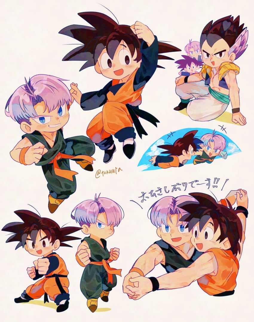trunks, son goten, and gotenks (dragon ball) drawn by tokuura
