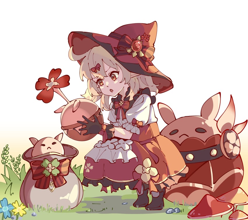 dodoco, jumpy dumpty, and klee (genshin impact) drawn by masruu