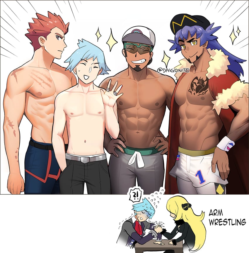 cynthia, leon, steven stone, lance, and professor kukui (pokemon and 5 more) drawn by goro_orb