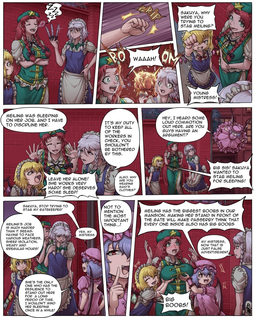 remilia scarlet, flandre scarlet, izayoi sakuya, and hong meiling (touhou and 1 more) drawn by buhbuhbored