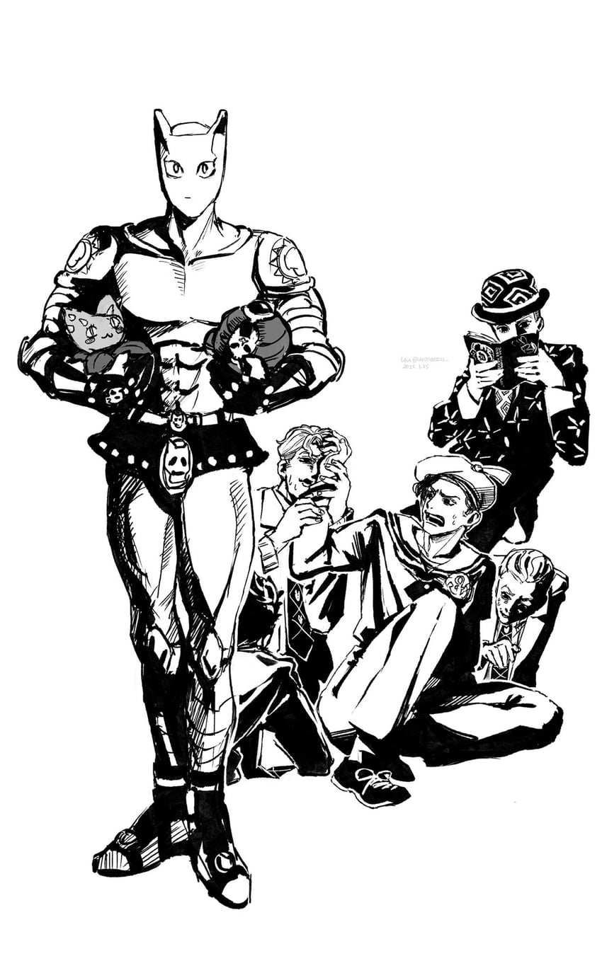 kira yoshikage, killer queen, kawajiri kosaku, stray cat, and sheer heart attack (jojo no kimyou na bouken and 3 more) drawn by uu0000322