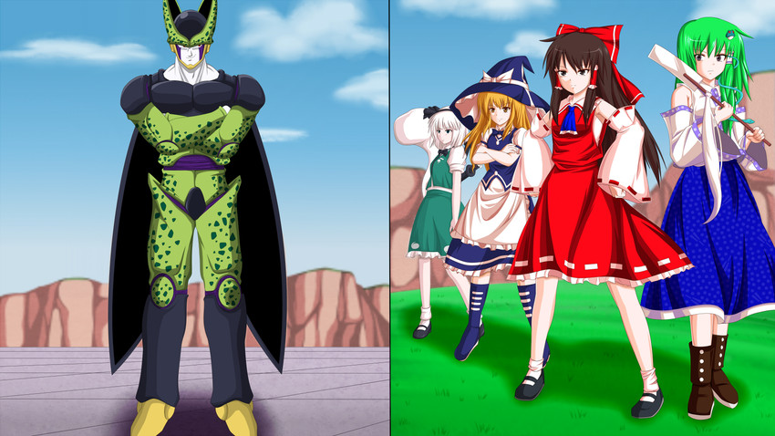 hakurei reimu, kirisame marisa, kochiya sanae, konpaku youmu, cell, and 1 more (touhou and 2 more) drawn by moyatto