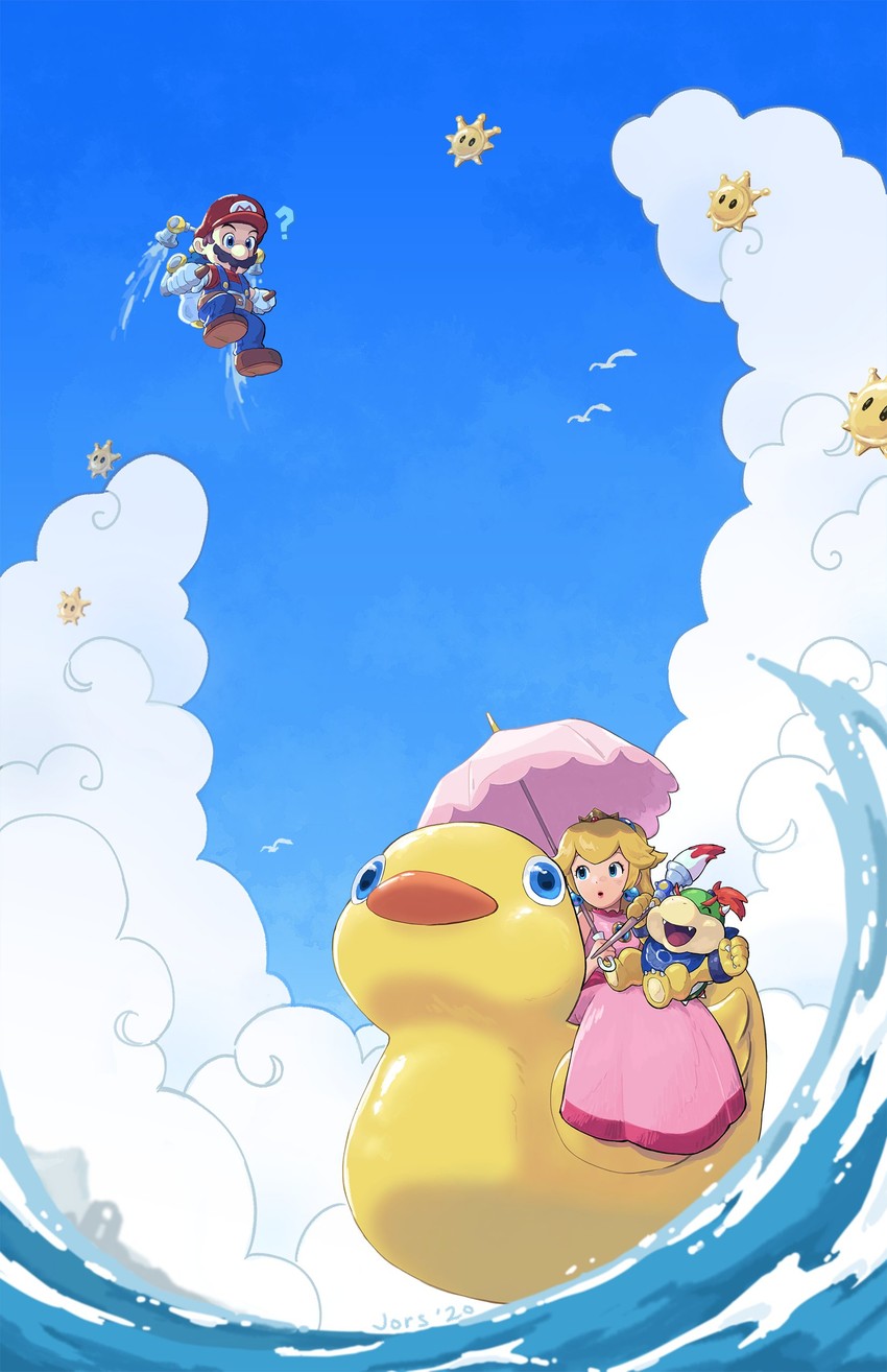 princess peach, bowser jr., and f.l.u.d.d. (mario and 1 more) drawn by jors