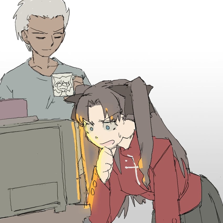 tohsaka rin, archer, and neco-arc (fate and 1 more) drawn by pantsu-ripper
