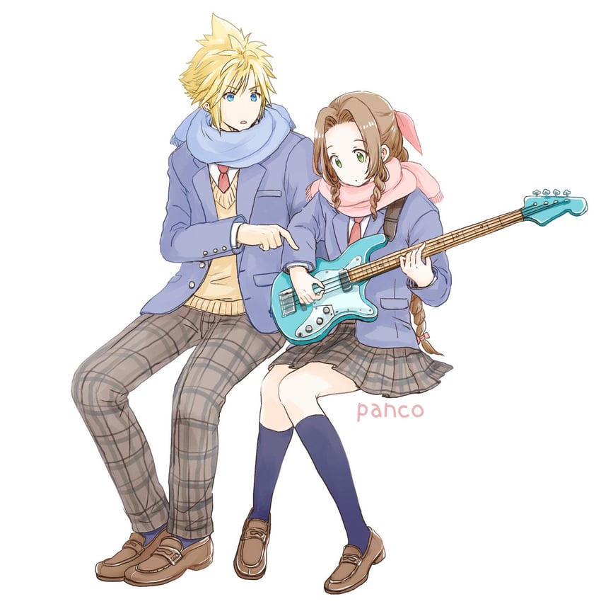 cloud strife and aerith gainsborough (final fantasy and 2 more) drawn by ancotsubu