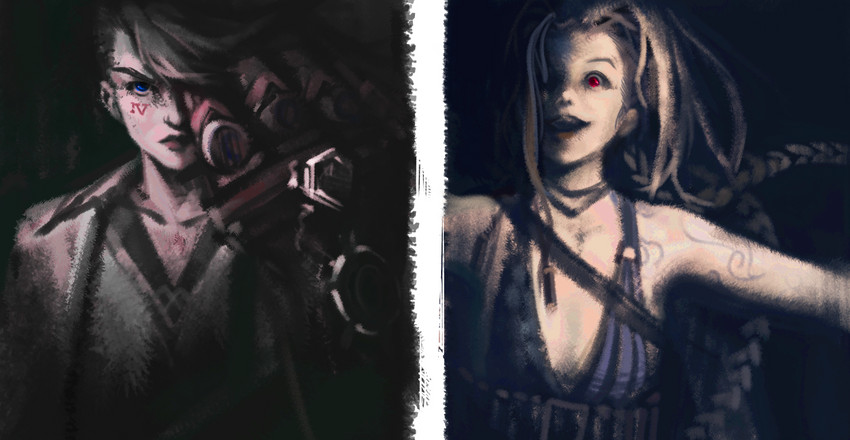 jinx, vi, arcane jinx, and arcane vi (league of legends and 1 more) drawn by yml_(shu_226717)