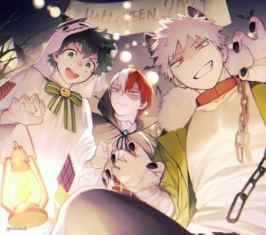 midoriya izuku, bakugou katsuki, and todoroki shoto (boku no hero academia) drawn by meltnotmelt