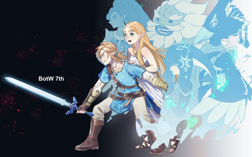 link, princess zelda, mipha, urbosa, revali, and 1 more (the legend of zelda and 1 more) drawn by oshinomiya