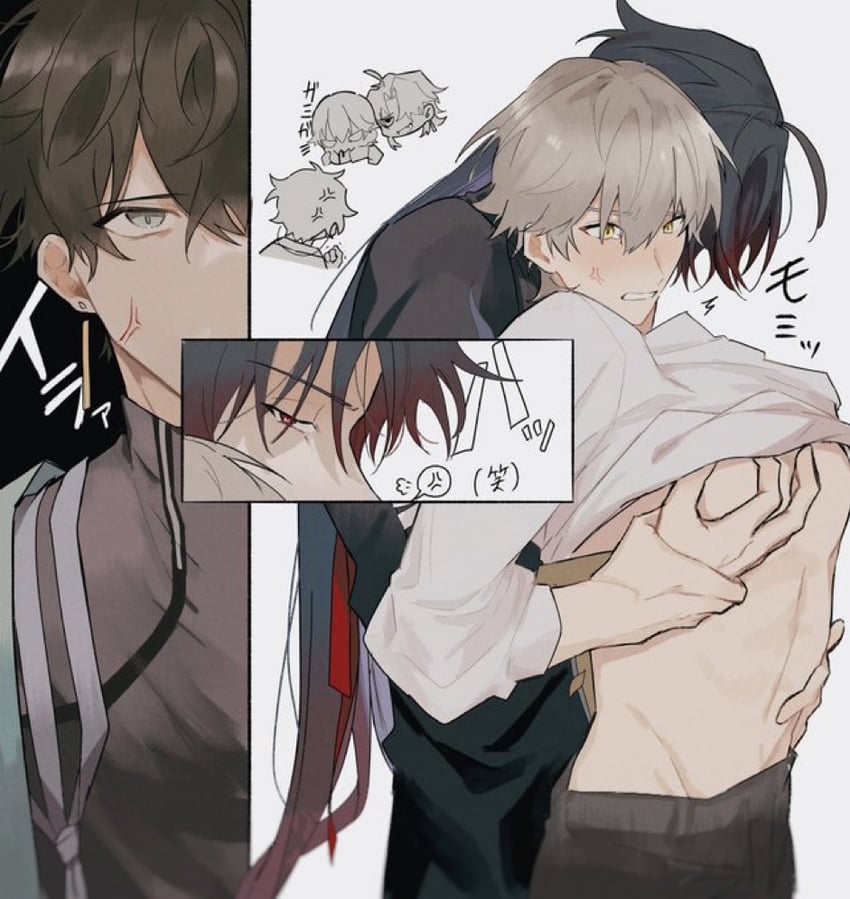 trailblazer, caelus, dan heng, and blade (honkai and 1 more) drawn by notonose