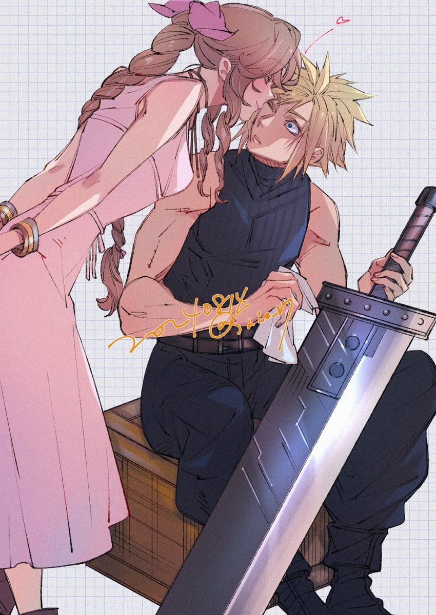 cloud strife and aerith gainsborough (final fantasy and 3 more) drawn by wakakusa-e