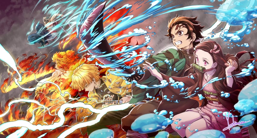 kamado nezuko, kamado tanjirou, rengoku kyoujurou, agatsuma zenitsu, and hashibira inosuke (kimetsu no yaiba) drawn by yoshinaga_masahiro