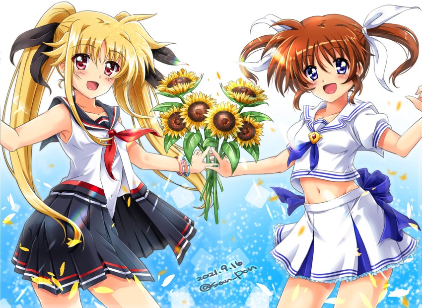 fate testarossa and takamachi nanoha (lyrical nanoha and 1 more) drawn by san-pon