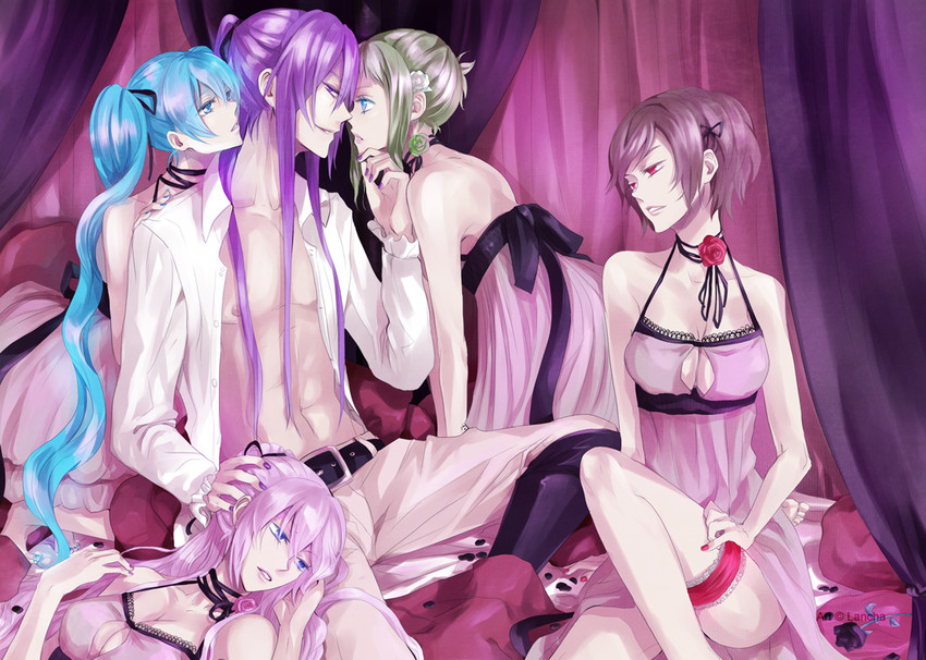 hatsune miku, megurine luka, meiko, gumi, kamui gakupo, and 5 more (vocaloid and 2 more) drawn by lancha
