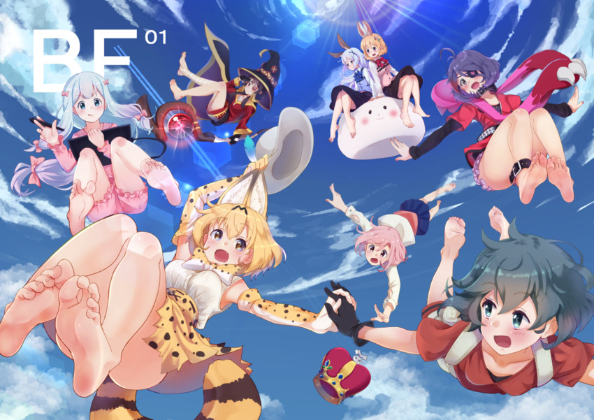 megumin, serval, kafuu chino, kaban, hoto cocoa, and 4 more (idolmaster and 7 more) drawn by casino_(casinoep)