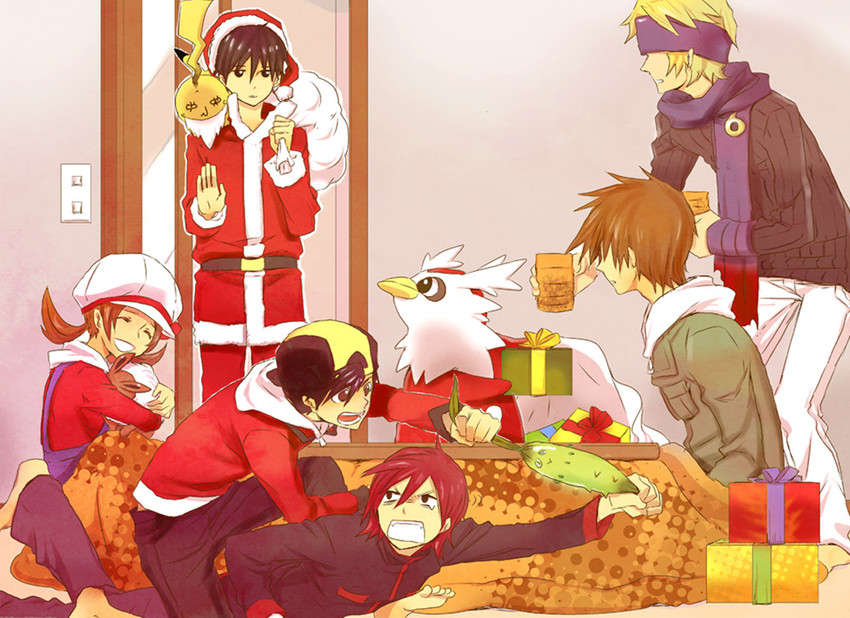 pikachu, red, eevee, ethan, blue oak, and 6 more (pokemon and 2 more) drawn by kuronomine