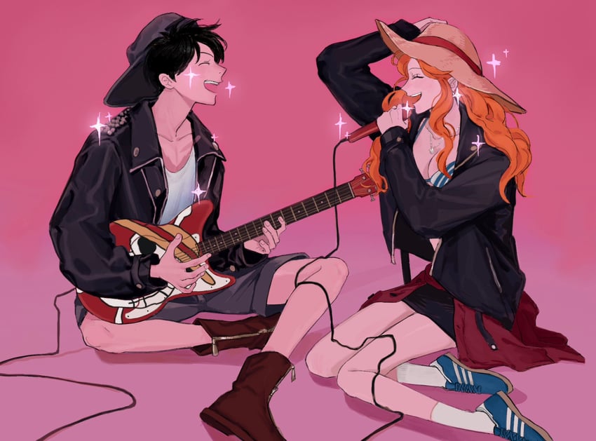 nami and monkey d. luffy (one piece) drawn by baochao1234