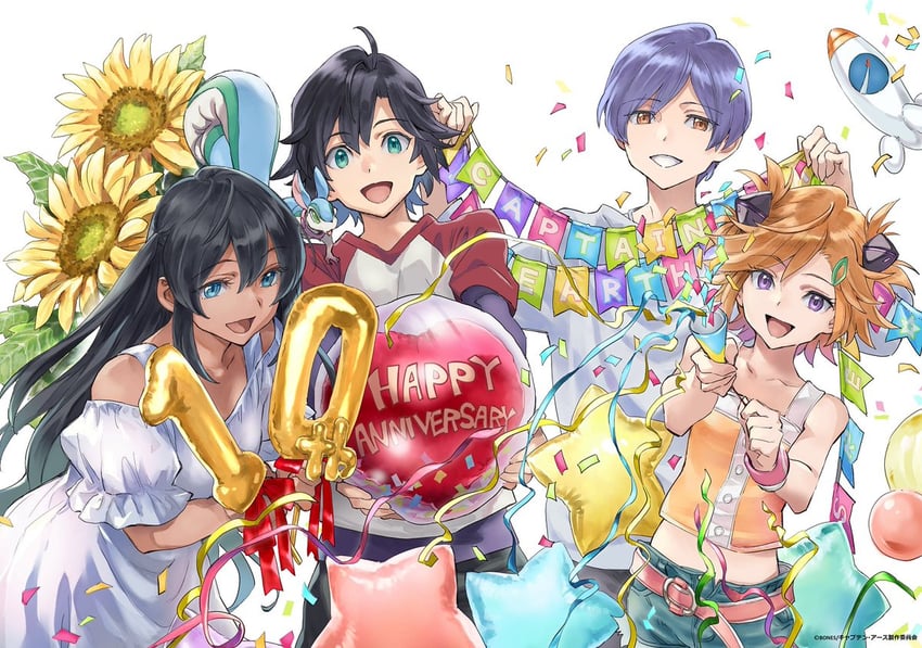 mutou hana, yomatsuri akari, manatsu daichi, arashi teppei, and pitz (captain earth) drawn by minato_fumi