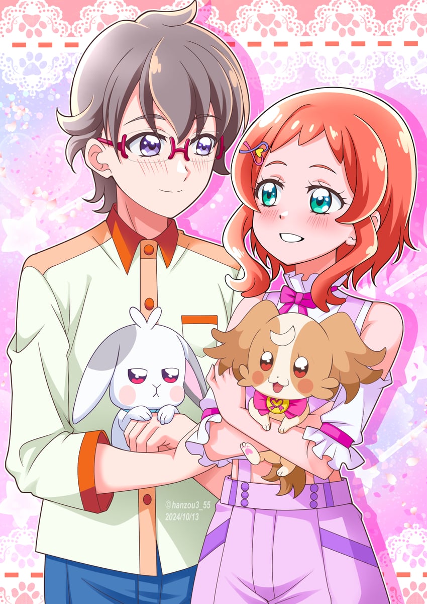 inukai komugi, inukai iroha, toyama satoru, and daifuku (precure and 1 more) drawn by hanzou