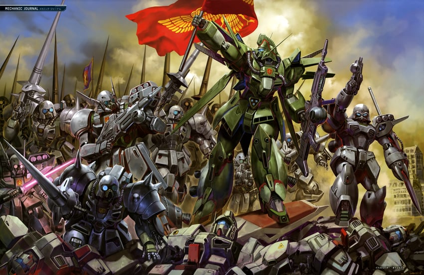 jegan, den'an zon, den'an gei, heavygun, dahgi iris, and 1 more (gundam and 2 more) drawn by kinoshita_tomotake