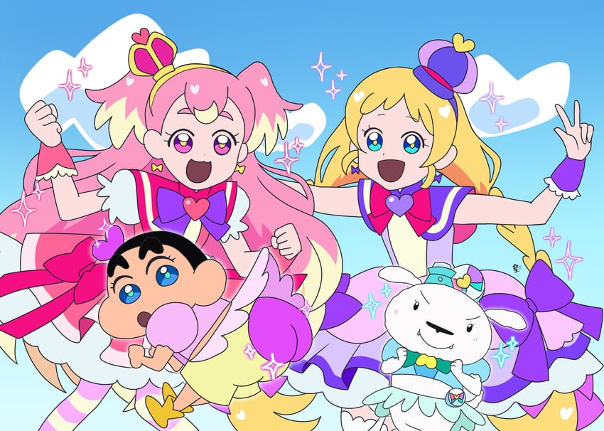 inukai komugi, inukai iroha, cure wonderful, nohara shinnosuke, cure friendy, and 3 more (precure and 2 more) drawn by fujisaki_star