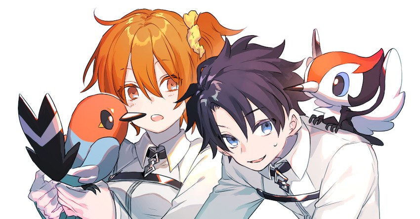 fujimaru ritsuka, fletchling, and pikipek (fate and 2 more) drawn by newo_(shinra-p)