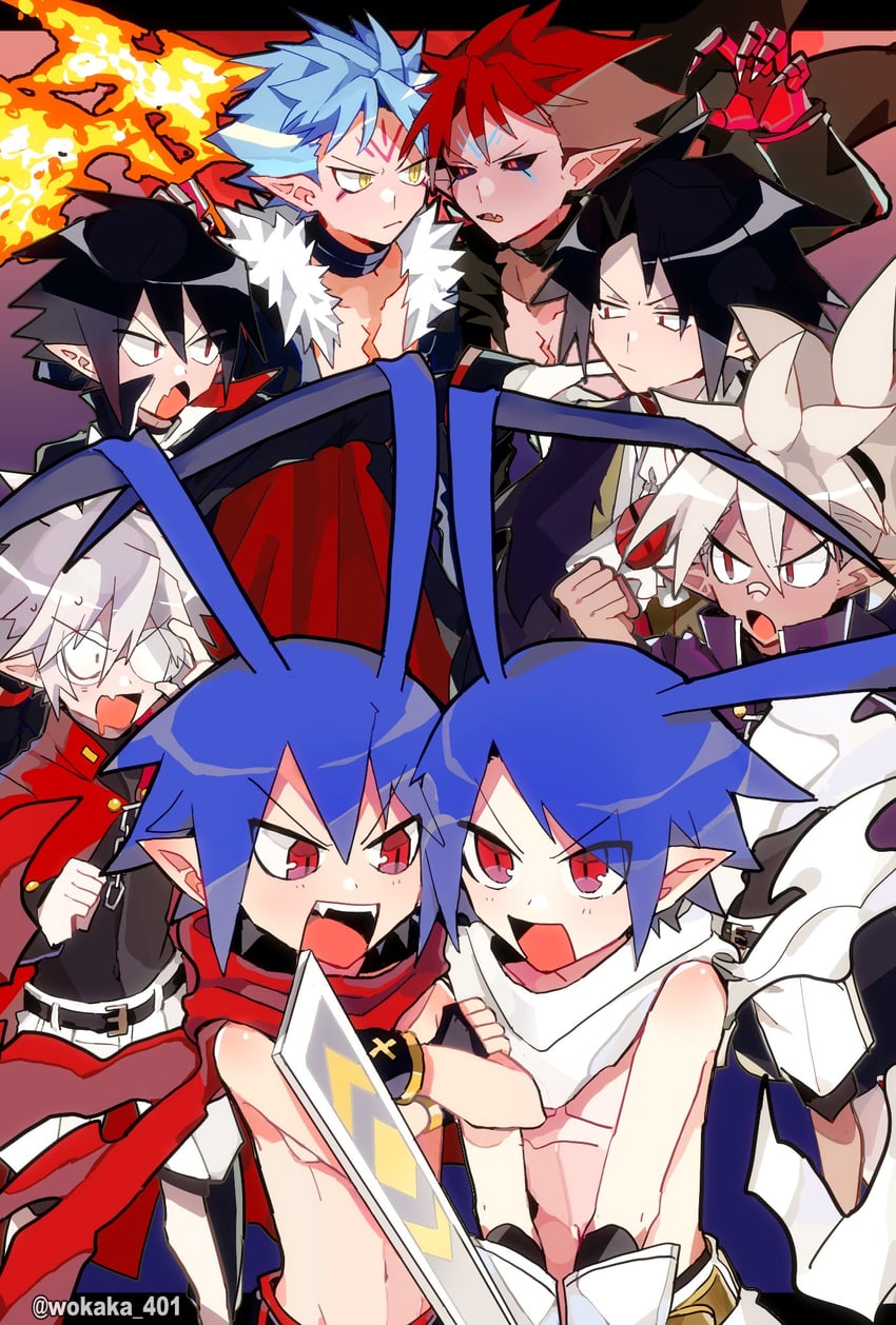 laharl, valvatorez, mao, killia, and mao xeno (disgaea and 1 more) drawn by 04011224ss