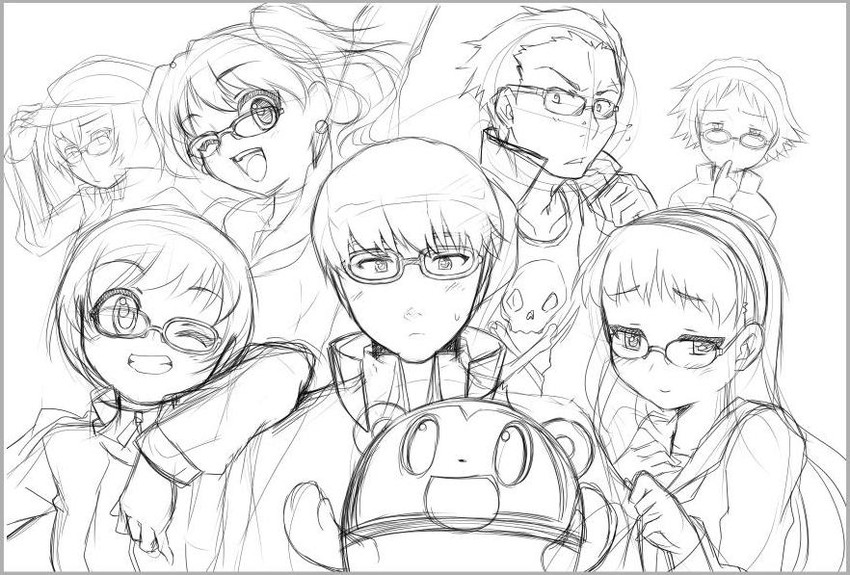 narukami yu, shirogane naoto, satonaka chie, kujikawa rise, amagi yukiko, and 3 more (persona and 1 more) drawn by manji_taba