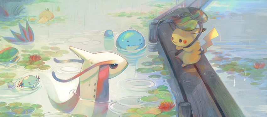 pikachu, psyduck, milotic, wooper, and quagsire (pokemon) drawn by gigigimimi