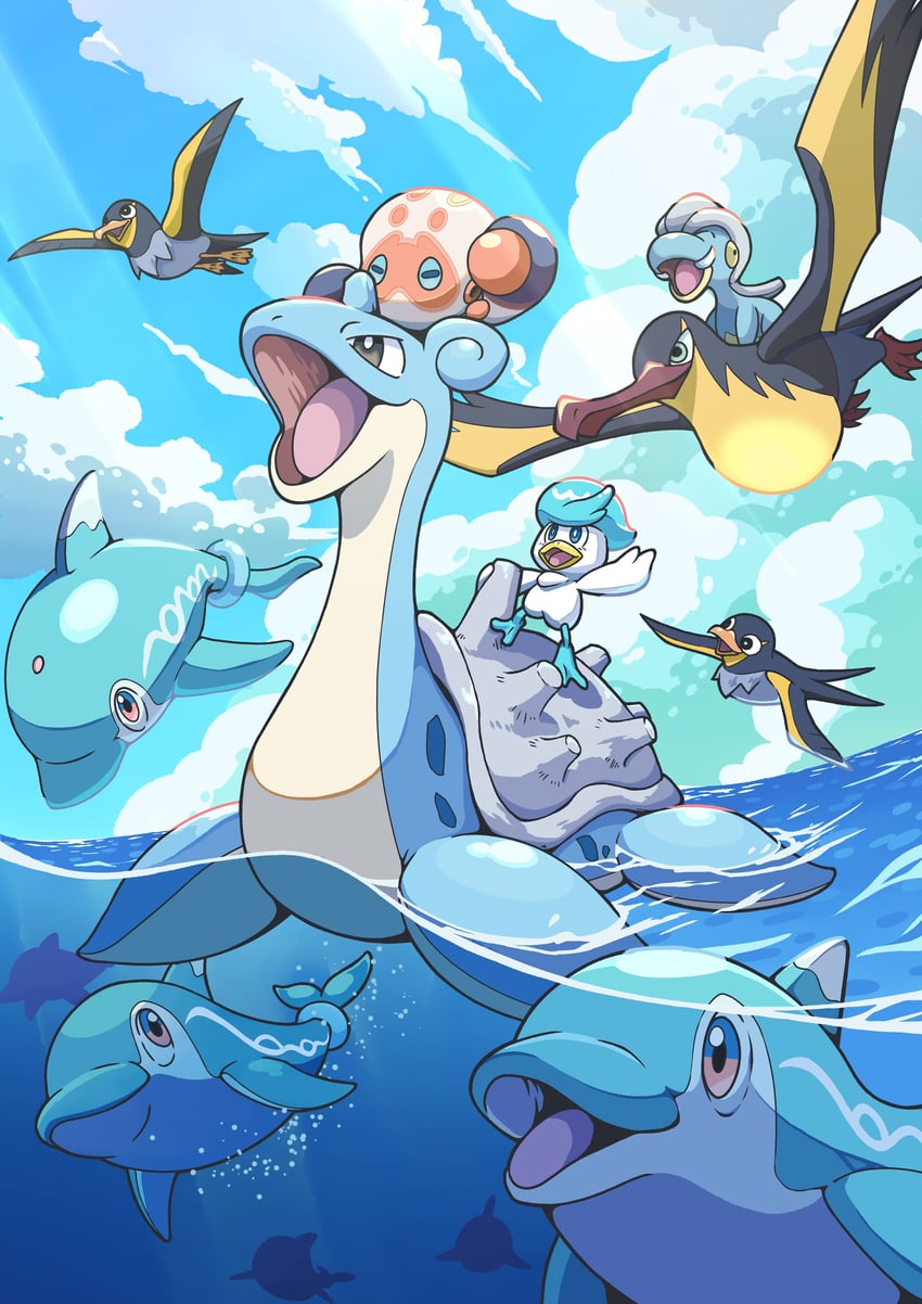 lapras, quaxly, bagon, wattrel, clobbopus, and 2 more (pokemon) drawn by q-chan