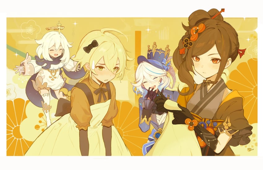 aether, furina, paimon, and chiori (genshin impact) drawn by yayo_the_jowen