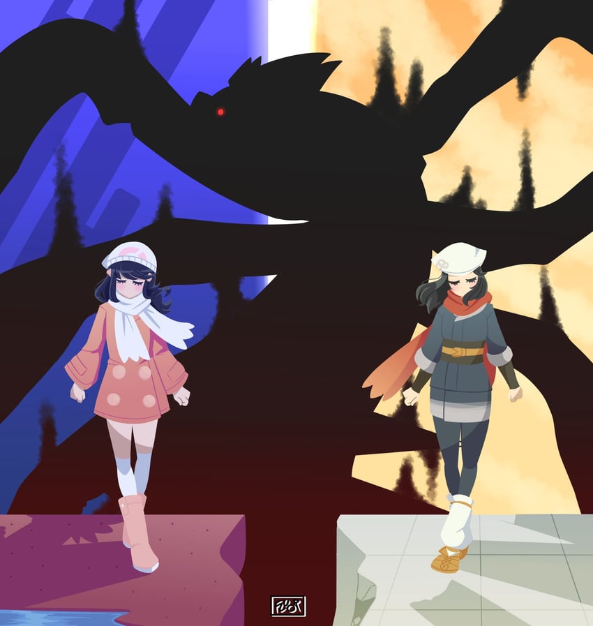 dawn, akari, and giratina (pokemon and 3 more) drawn by fluorart