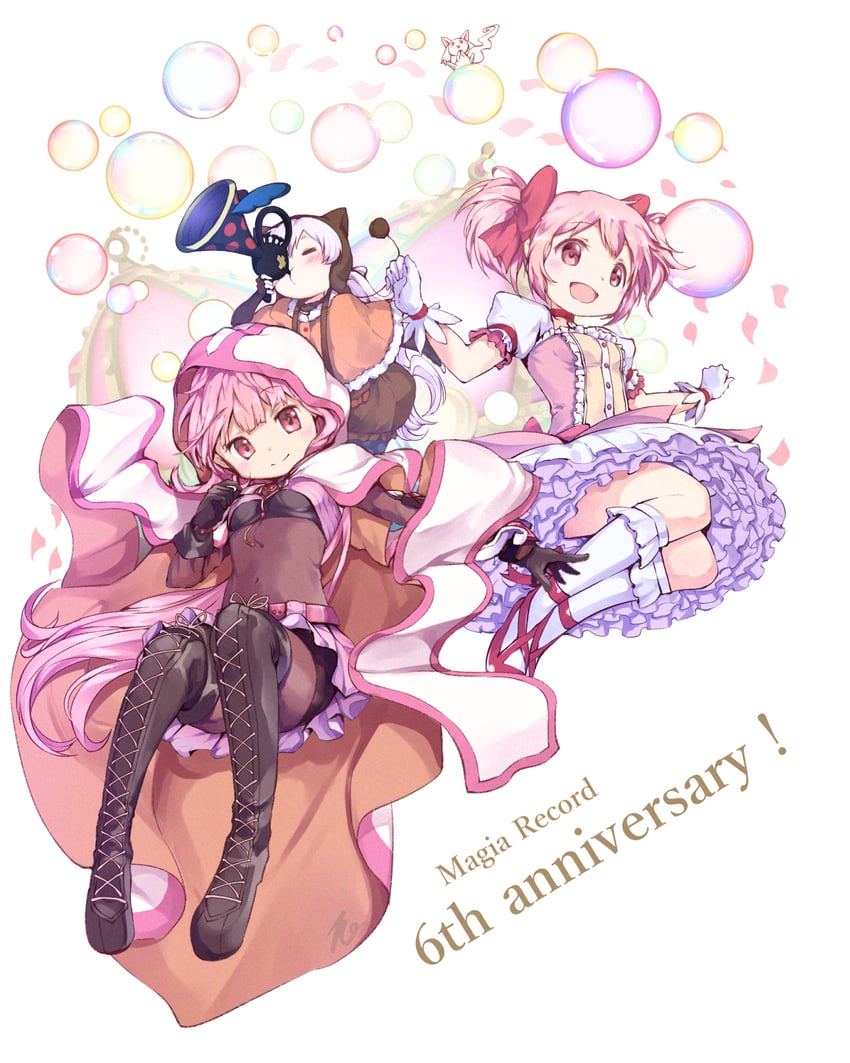 kaname madoka, tamaki iroha, momoe nagisa, and small kyubey (mahou shoujo madoka magica and 1 more) drawn by taka.yana