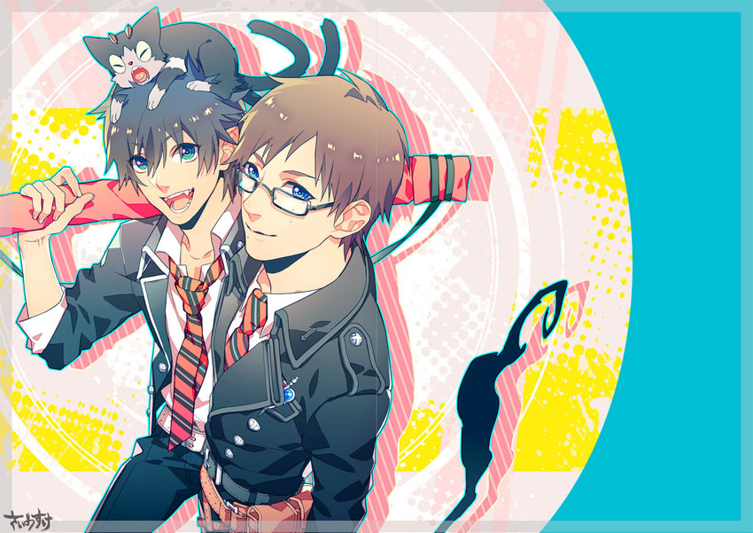 okumura rin, okumura yukio, and kuro (ao no exorcist) drawn by japants