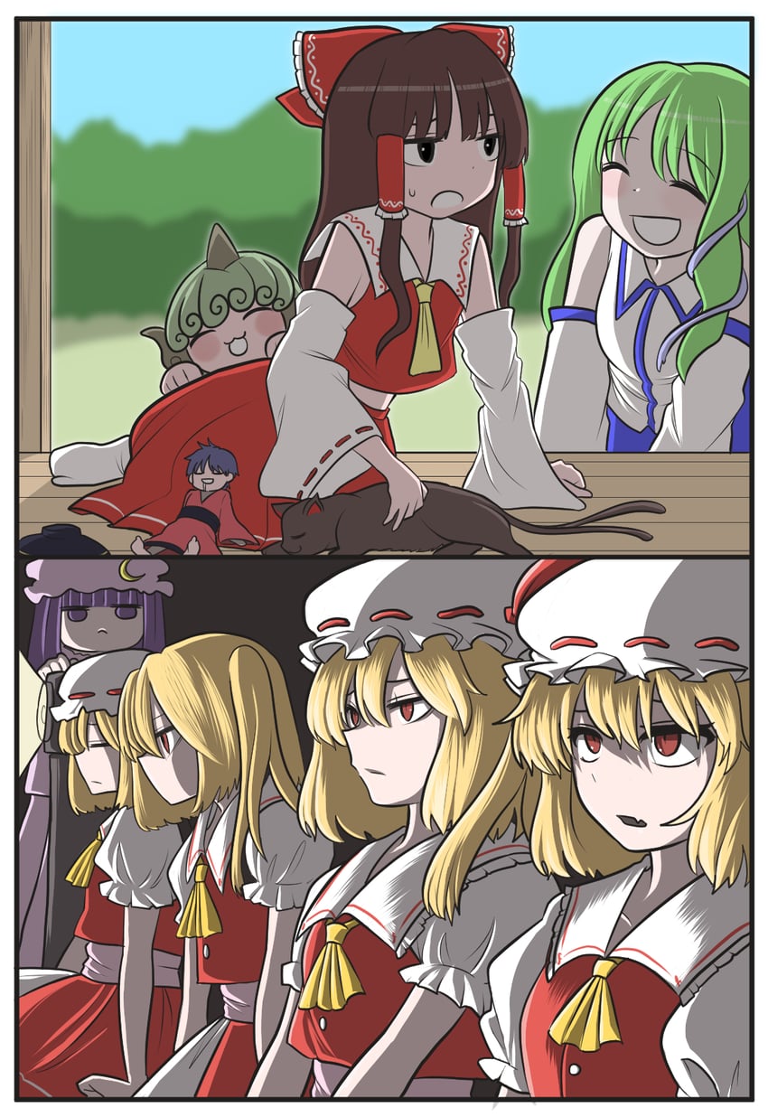 hakurei reimu, flandre scarlet, kochiya sanae, patchouli knowledge, kaenbyou rin, and 2 more (touhou) drawn by samu_(celery18)