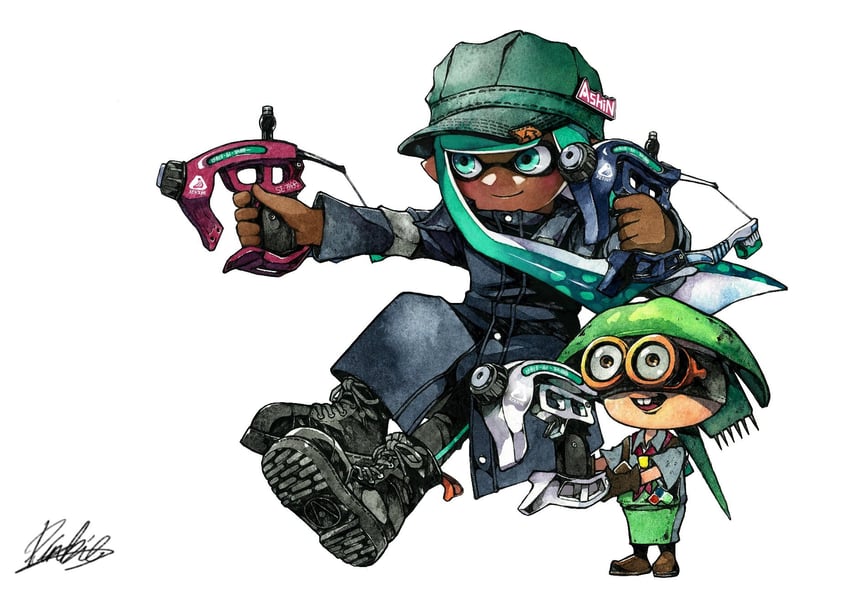inkling player character, inkling girl, and sheldon (splatoon) drawn by mhxbump