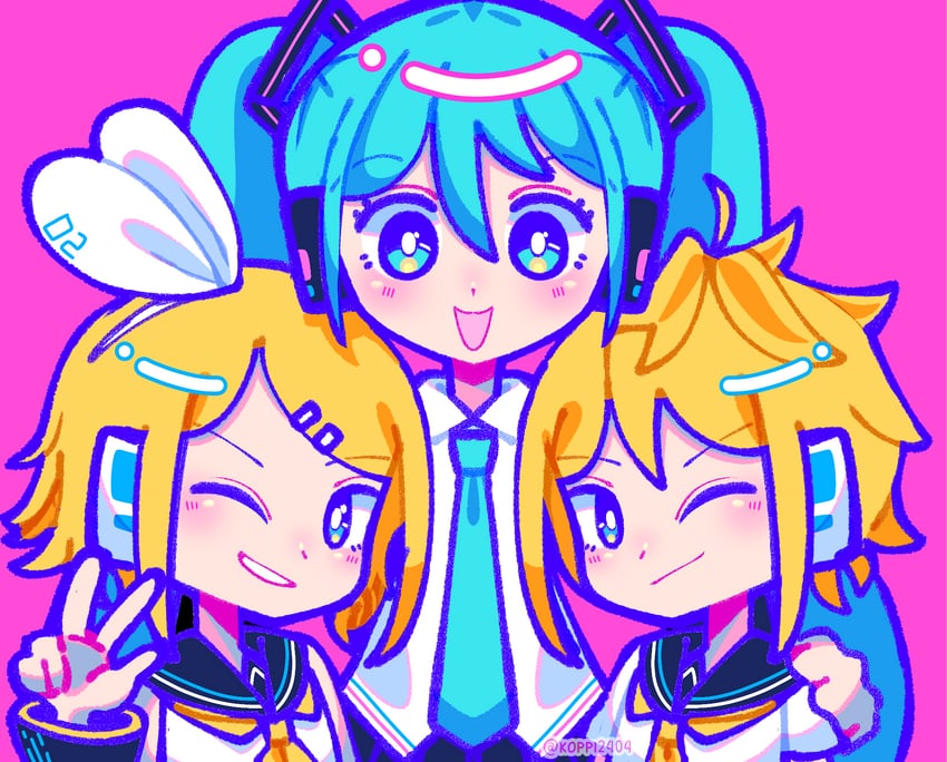 hatsune miku, kagamine rin, and kagamine len (vocaloid) drawn by koppi2404