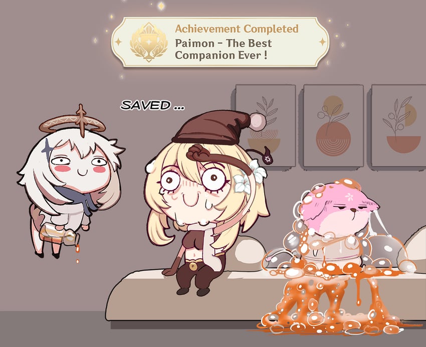 lumine, aether, yae miko, and paimon (genshin impact) drawn by kinohara_kossuta