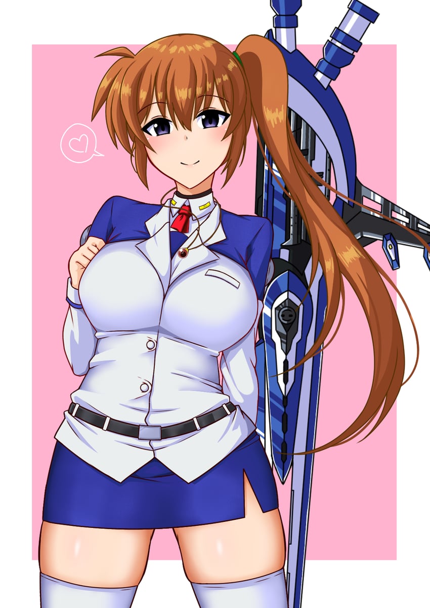 takamachi nanoha, raising heart, and strike cannon (lyrical nanoha and 1 more) drawn by kunisaki-air