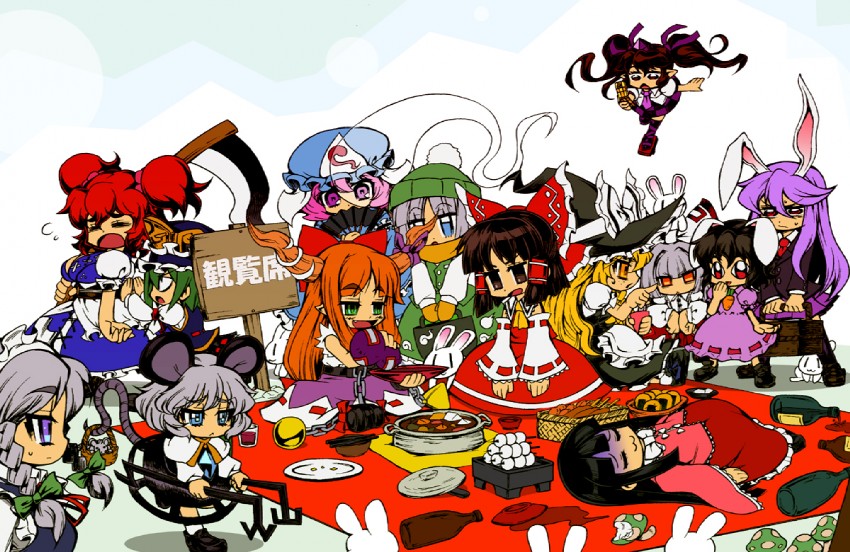 hakurei reimu, kirisame marisa, izayoi sakuya, konpaku youmu, reisen udongein inaba, and 11 more (touhou) drawn by sentarou