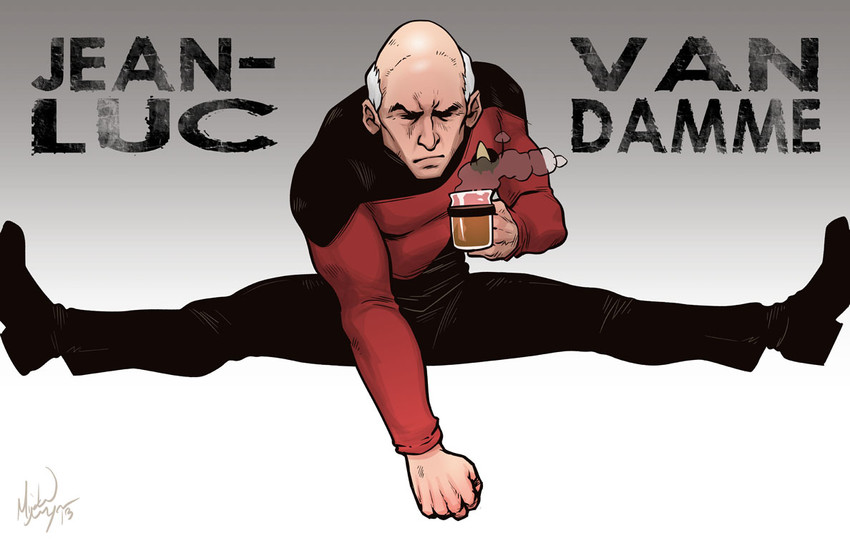 jean-luc picard, jean-claude van damme, and patrick stewart (star trek and 1 more) drawn by michael_mayne