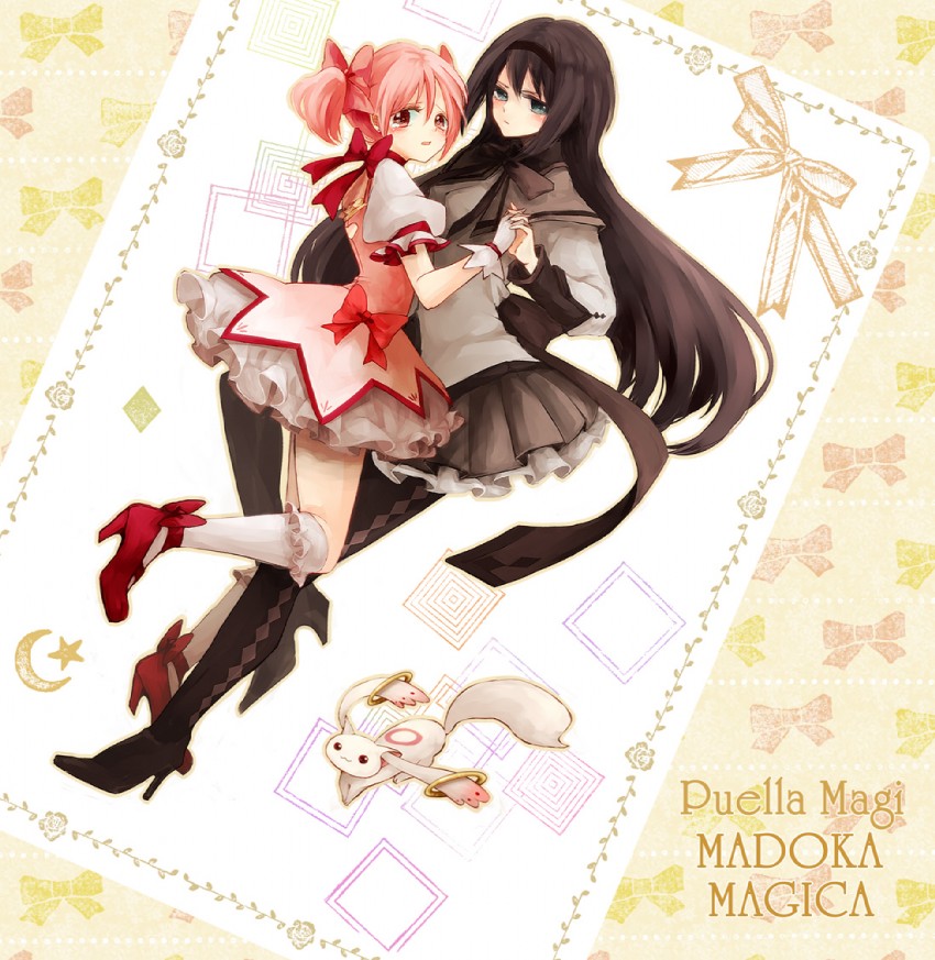 akemi homura, kaname madoka, and kyubey (mahou shoujo madoka magica) drawn by takahashi_(te6-6ba)