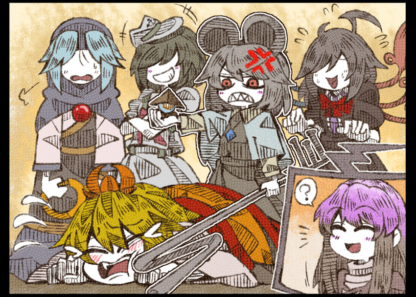 nazrin, hijiri byakuren, houjuu nue, toramaru shou, murasa minamitsu, and 1 more (touhou) drawn by suenari_(peace)
