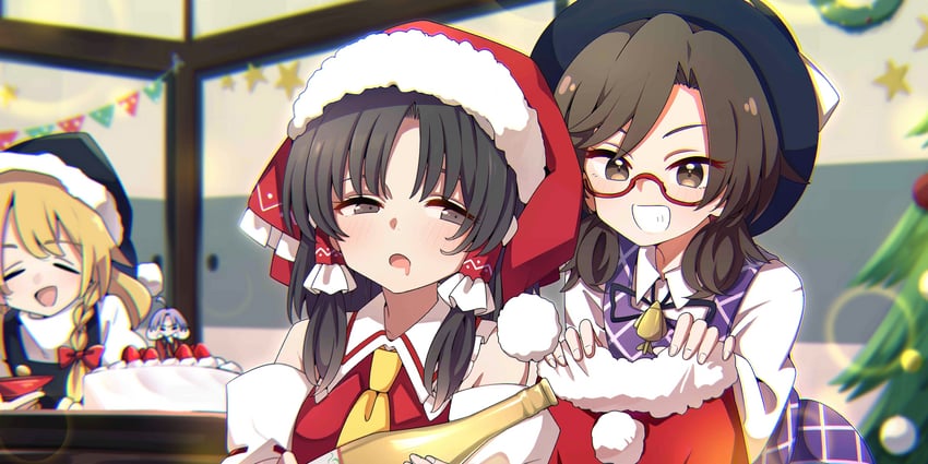 hakurei reimu, kirisame marisa, sukuna shinmyoumaru, and usami sumireko (touhou and 1 more) drawn by baba_(baba_seimaijo)