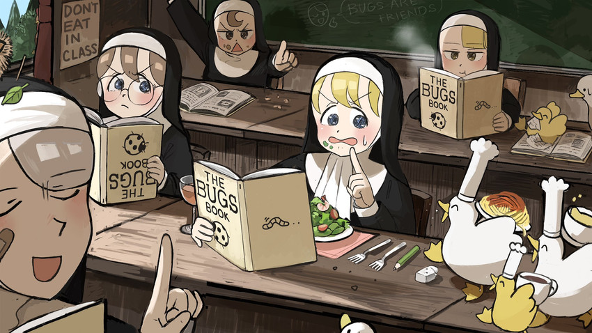 clumsy nun, froggy nun, spicy nun, glasses nun, and leaf nun (little nuns) drawn by diva_(hyxpk)